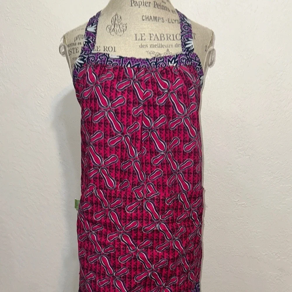 Global Mamas Pink Purple Batik Print Cotton Apron with Front Pocket Fair Trade